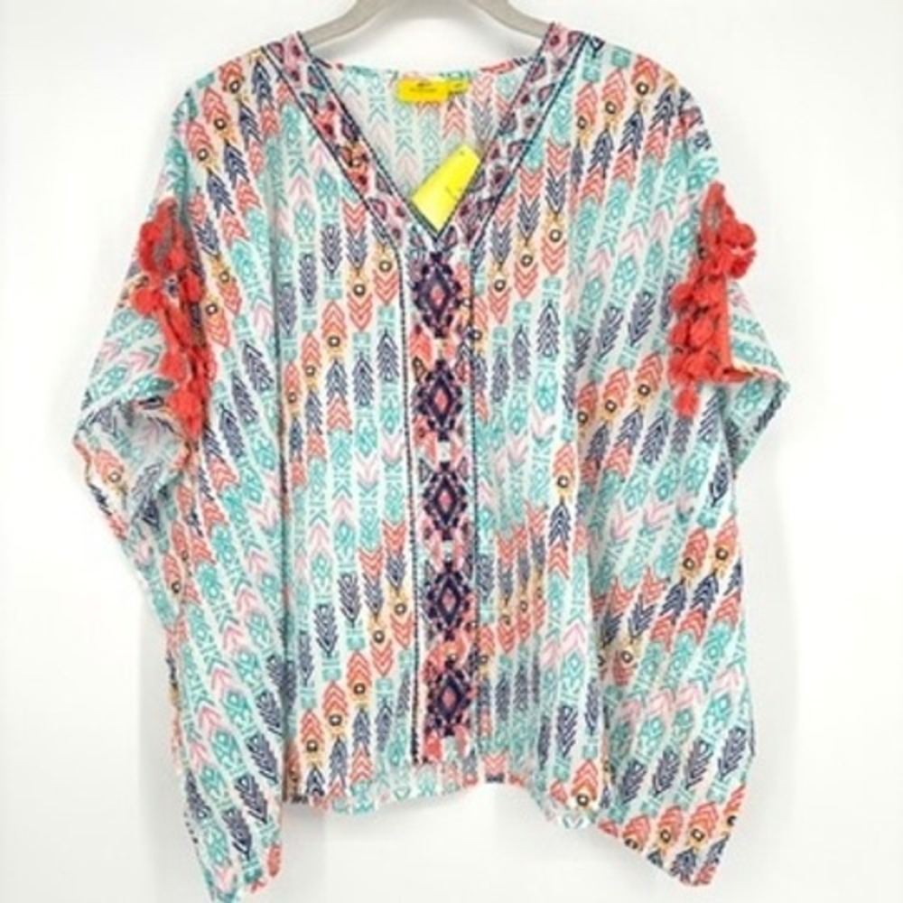 NWT Roller Rabbit Goya‎ Poncho Boyaca Aqua Cotton Tassel Embroidered Top OSFM